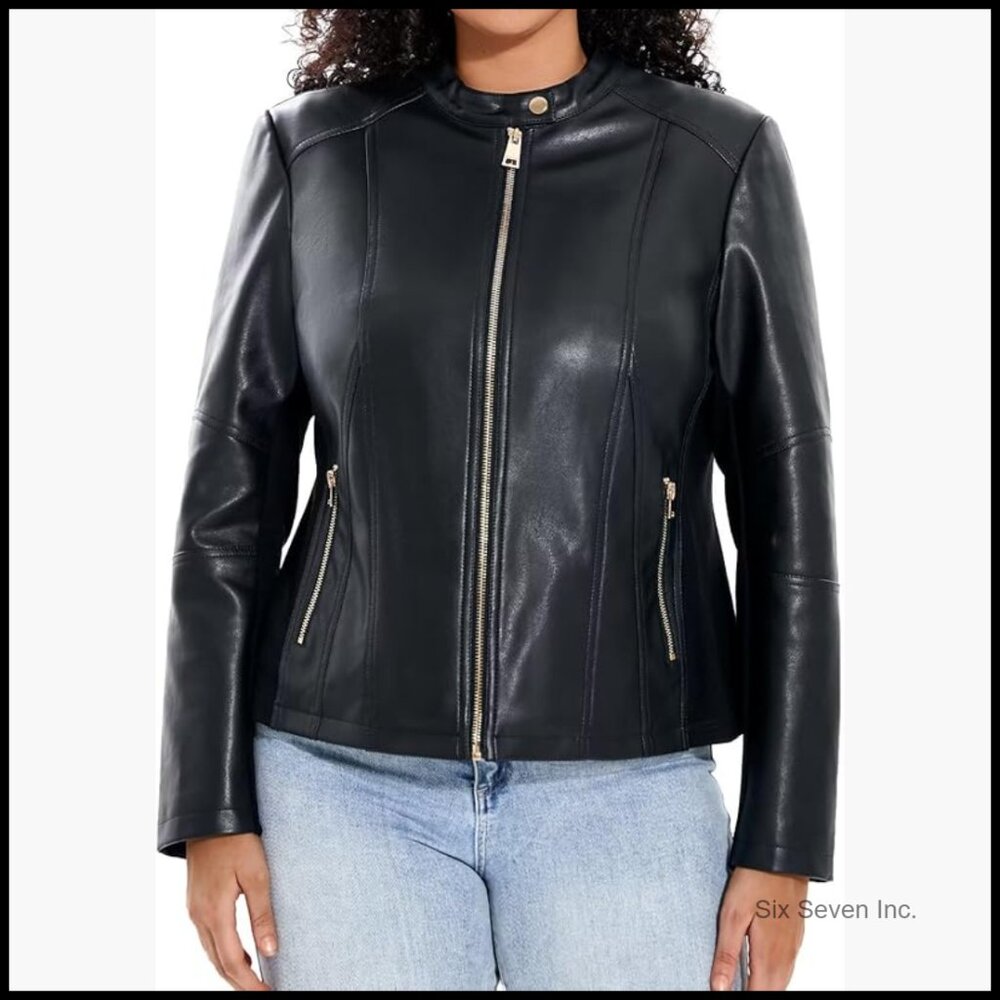 Plus Size Faux Leather Motorcycle Jacket with Stretch Sleeves